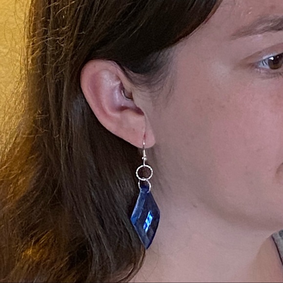 Hand Crafted Blue Diamond Earrings Dangle Diamond-Shaped Acrylic Retro New Wave - Picture 3 of 6